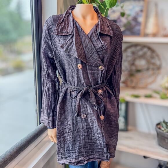 Cut Loose, Sheer Wrinkle Linen Silk Blend Trench Coat Brown w/ Gold Sheen-Medium - Picture 7 of 10